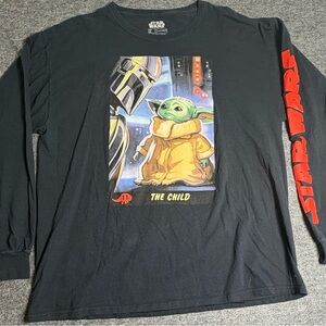 Men’s Black Long Sleeve Star Wars The Mandalorian Baby Yoda Pullover T-Shirt XL